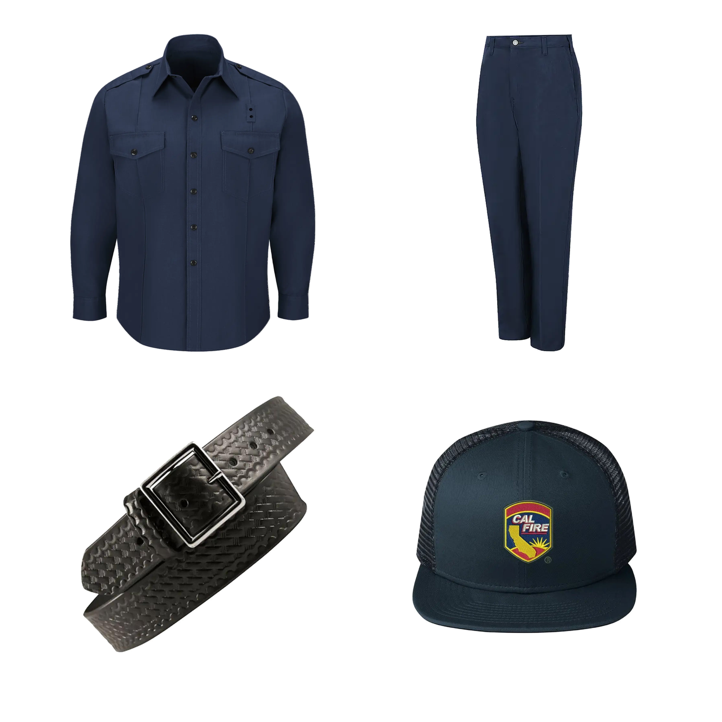 CAL FIRE Economy Station Starter Kit — cotton uniform shirt, pants, duty belt, and CAL FIRE snapback.