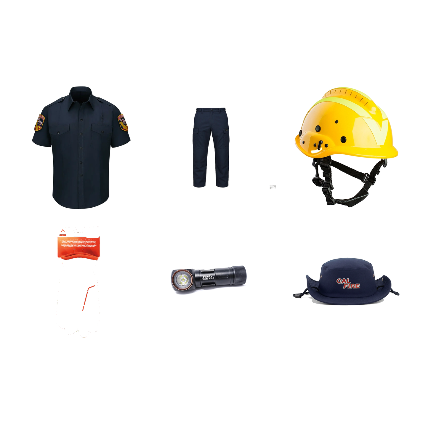 Wildland Hand Crew Kit — CAL FIRE Nomex shirt, Nomex tactical pants, brush helmet, FR gloves, headlamp, and boonie hat.