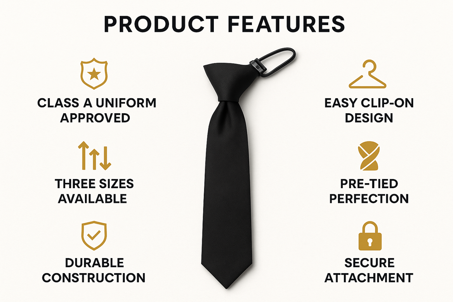 Black clip-on tie features - Class A approved, three sizes, easy attachment, pre-tied