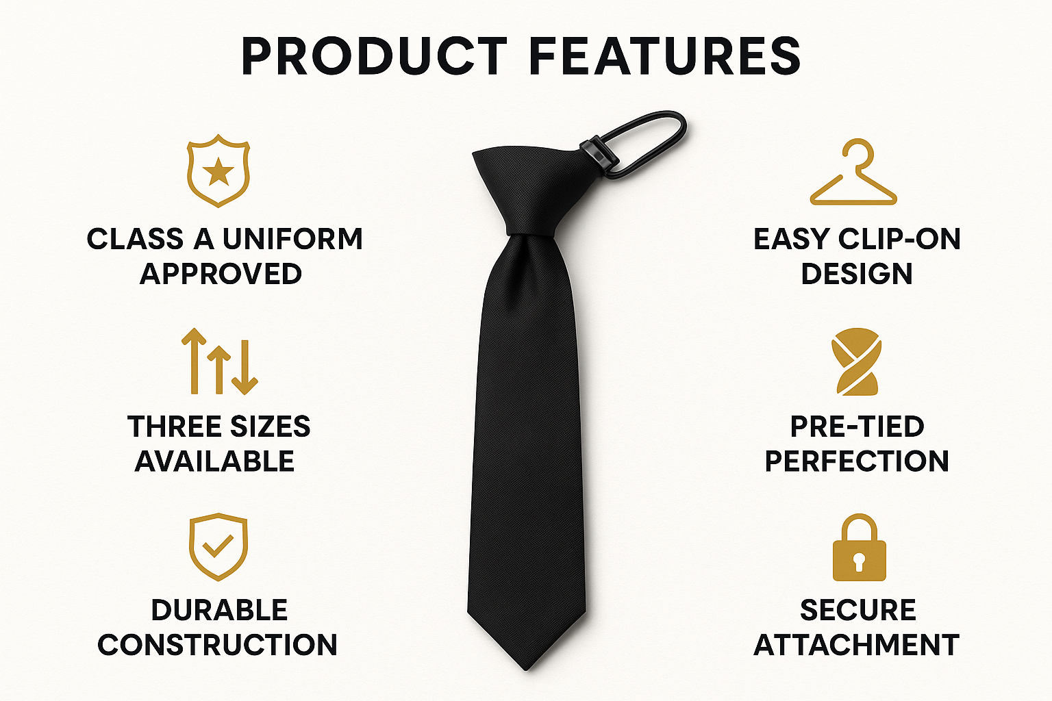 Black clip-on tie features - Class A approved, three sizes, easy attachment, pre-tied