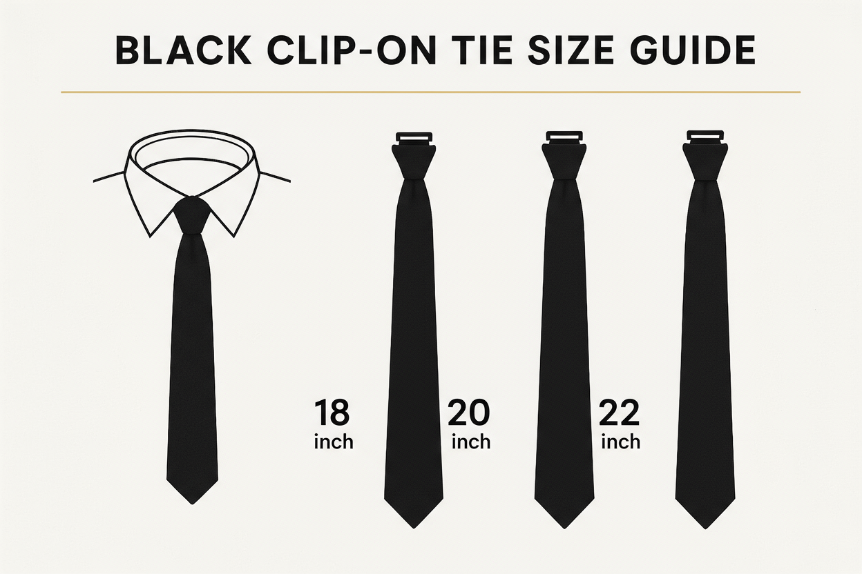 Black clip-on tie size guide showing 18 inch, 20 inch, and 22 inch options
