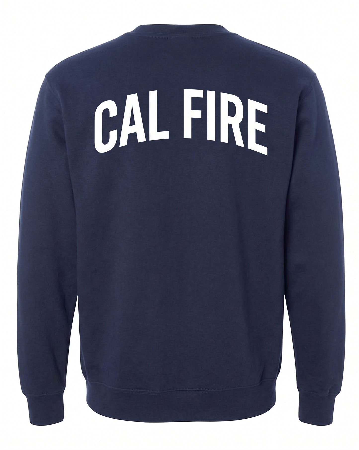 CAL FIRE Crew Neck Sweatshirt by Independent in navy, back view, white CAL FIRE wordmark arched across the shoulders