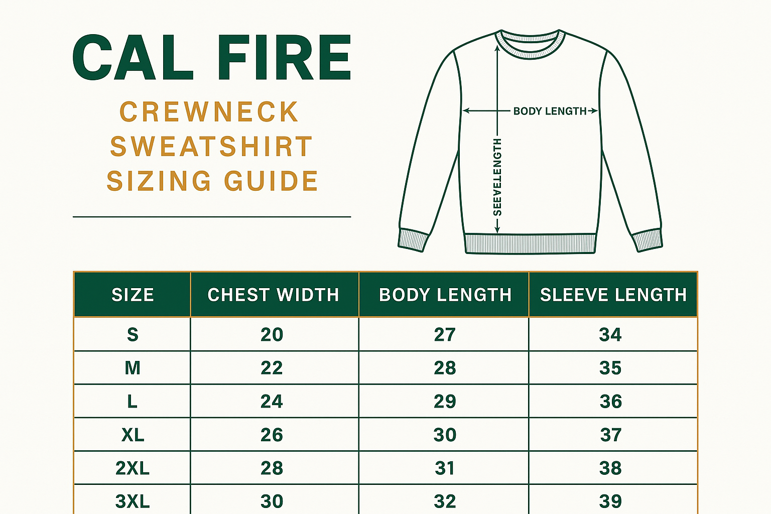 Cal Fire crewneck sweatshirt sizing guide with measurements for chest, length, and sleeves