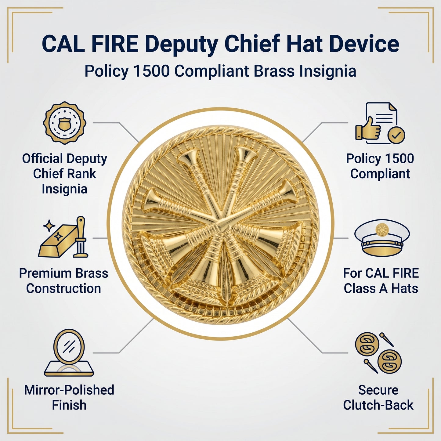 CAL FIRE Deputy Chief Hat Device features - Policy 1500 compliant, official Deputy Chief rank insignia, premium brass, mirror-polished, secure clutch-back, for Class A hats