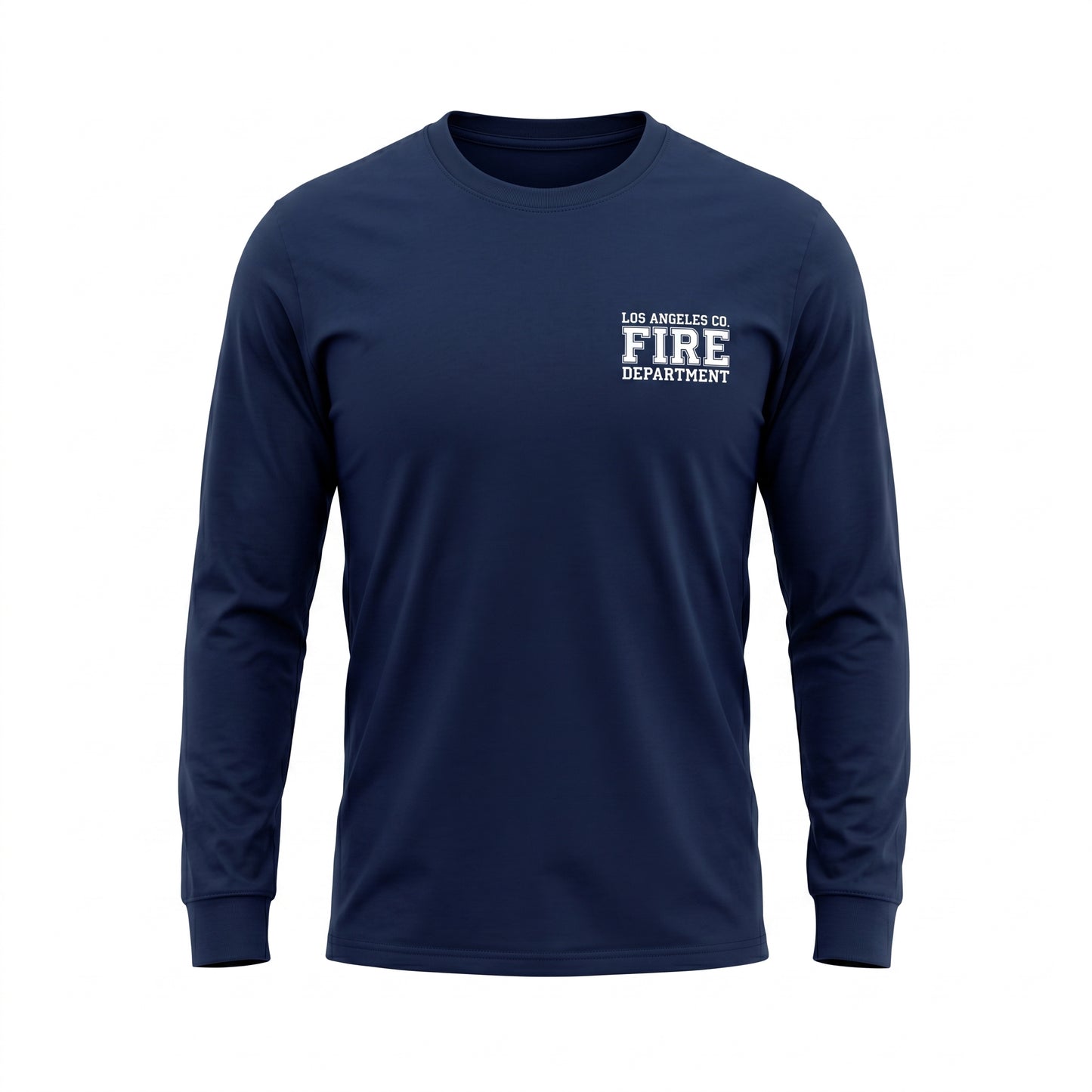 Los Angeles County Fire Department DFND men's long sleeve navy shirt, front view with left chest LACoFD logo