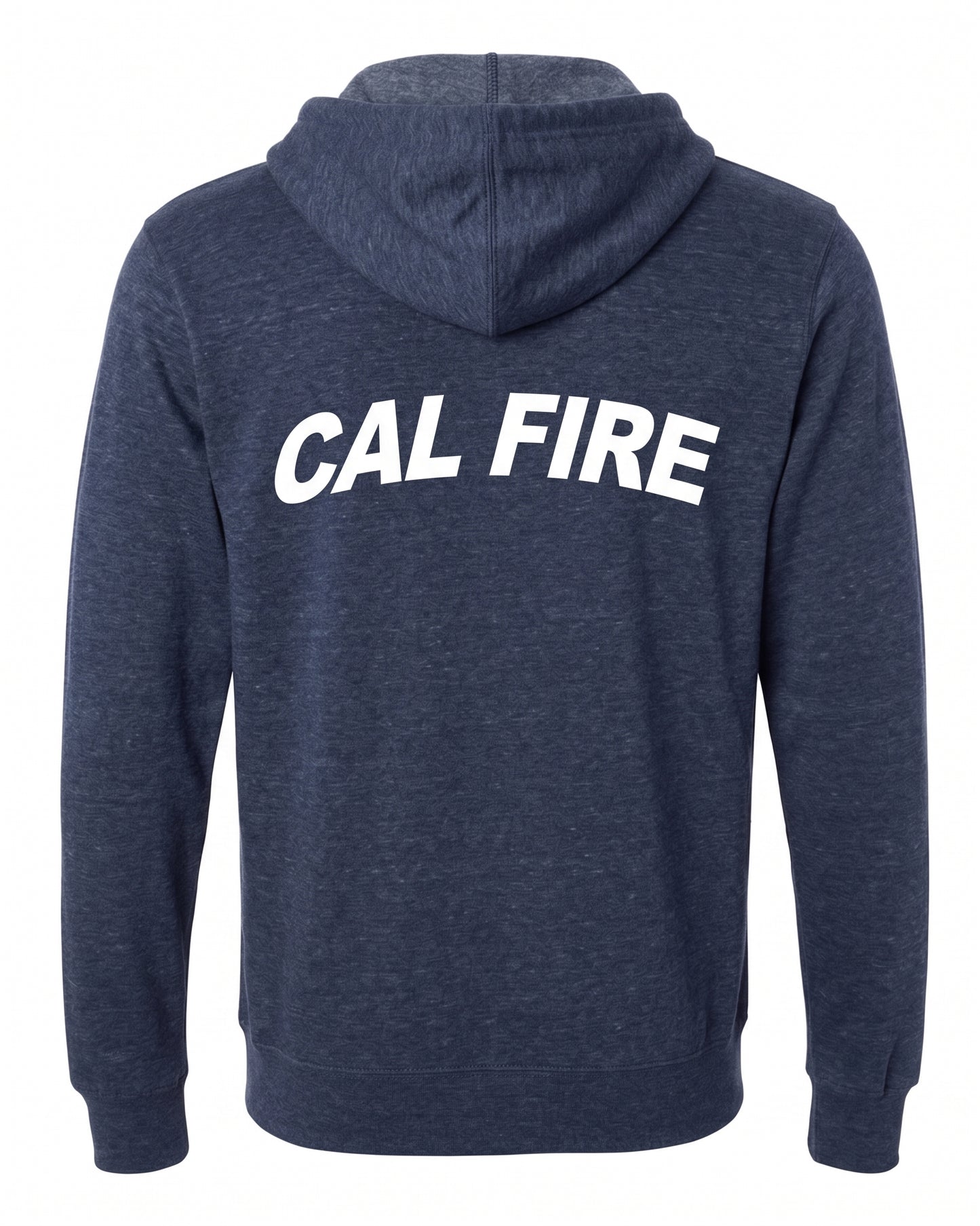 CAL FIRE Featherweight Hooded Pullover in navy heather, back view, white CAL FIRE wordmark arched across the shoulders.