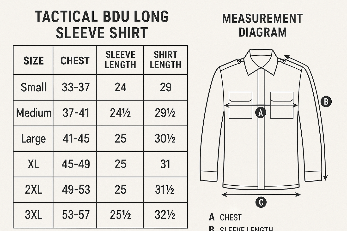 First Tactical BDU Long Sleeve Shirt Size Chart