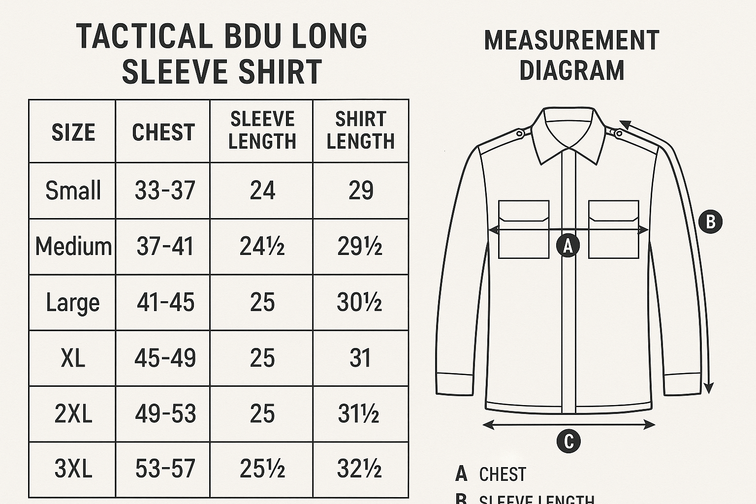 First Tactical BDU Long Sleeve Shirt Size Chart