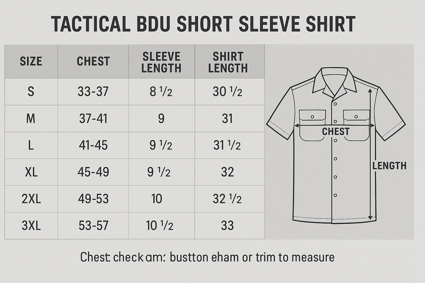 First Tactical BDU Short Sleeve Shirt Size Chart