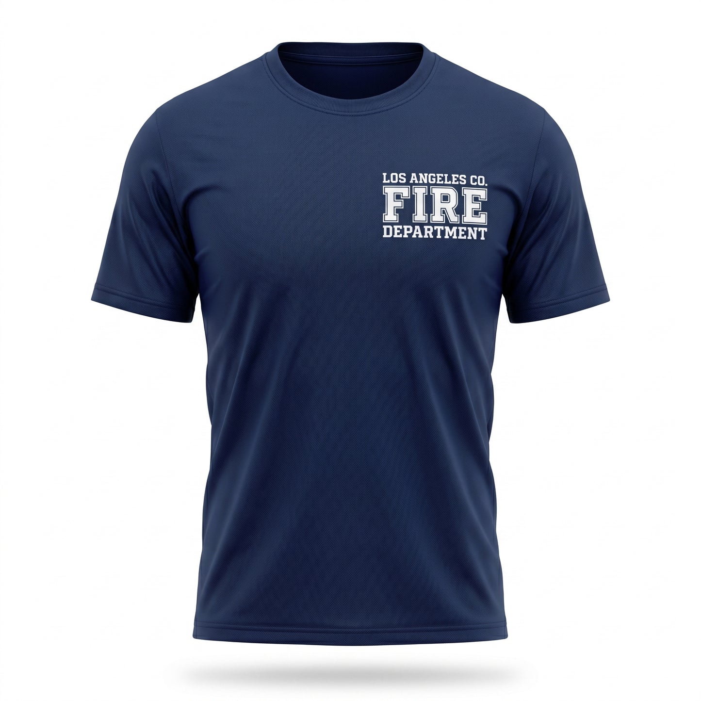 Los Angeles County Fire Department First Tactical men's short sleeve navy shirt, front view with left chest LACoFD logo