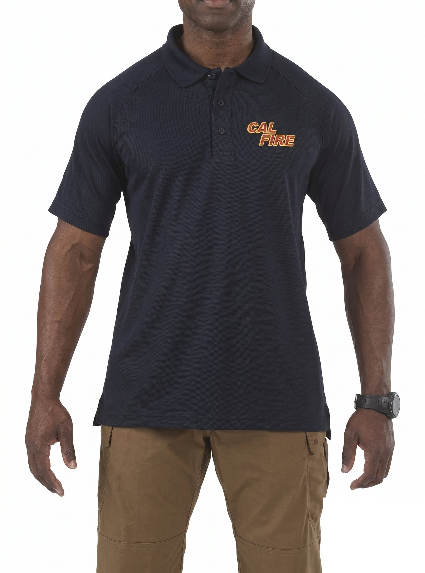 Male model wearing the navy 5.11 polo with the red CAL FIRE wordmark on the left chest, paired with brown 5.11 tactical pants.