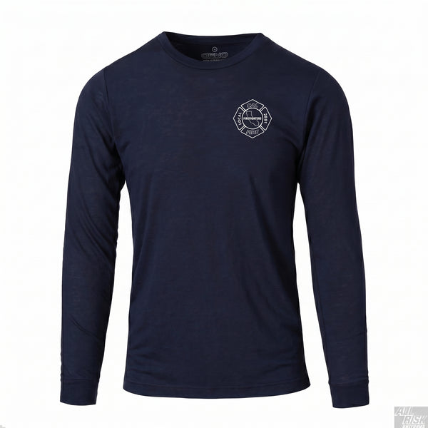 DFND-brand CAL FIRE men's athletic-cut long-sleeve duty shirt in navy — front view with the white maltese-cross firefighter shield (CAL FIRE / FIREFIGHTERS LOCAL 2881 / California state outline) on the left chest. DFND label visible at the inside neck.