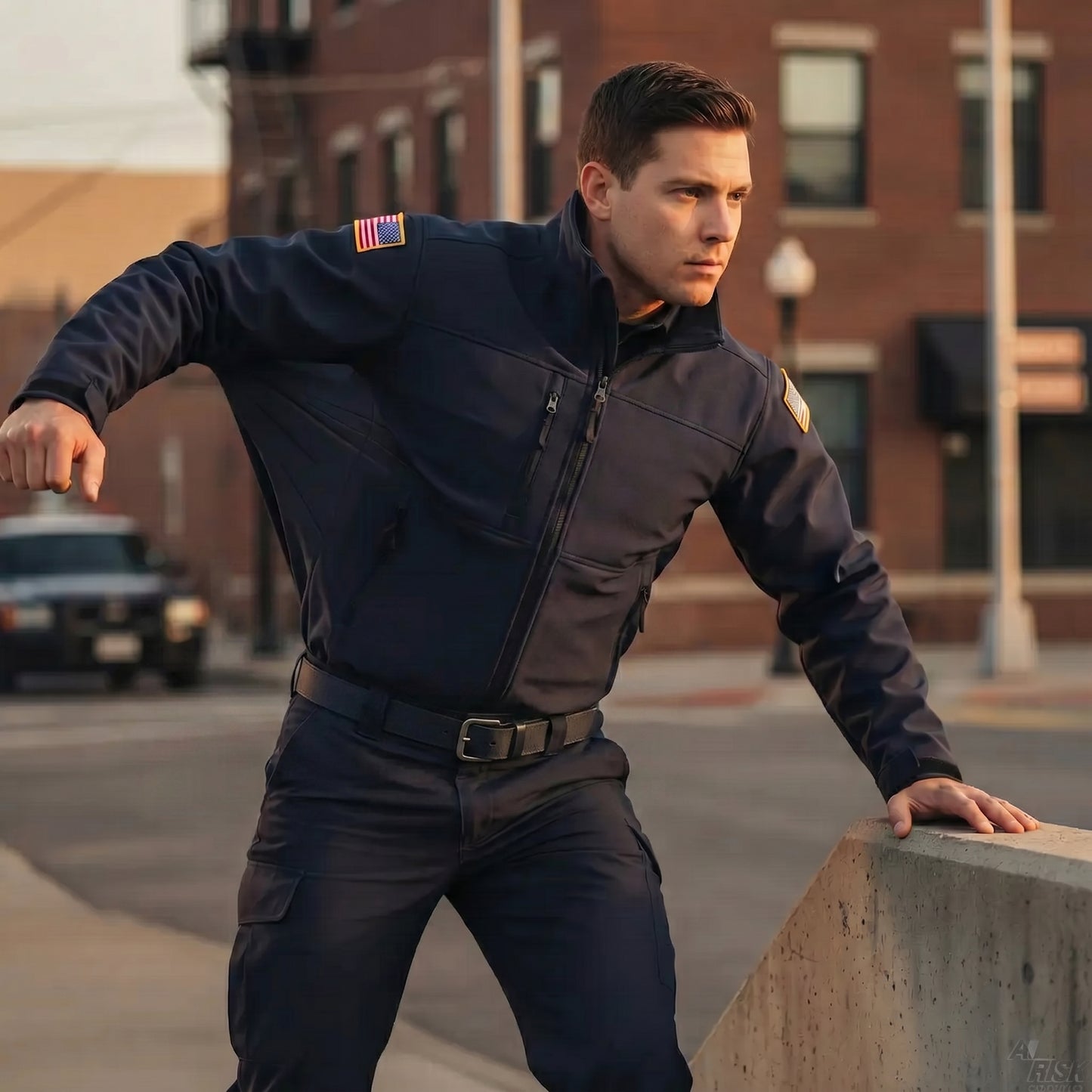 Lifestyle scene of a uniformed officer in navy tactical gear with a duty belt and flag sleeve patch, vaulting a concrete barrier on a city street.