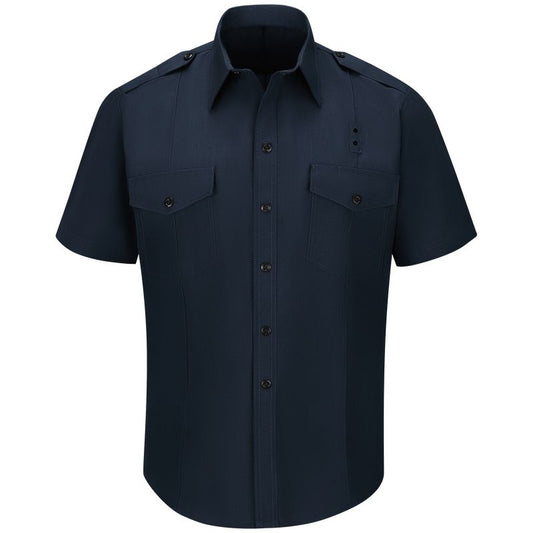Short-sleeve midnight navy firefighter shirt with CAL FIRE patches, sewn-in military creases, banded collar, pencil slot, badge tab, and hidden front snap closure.