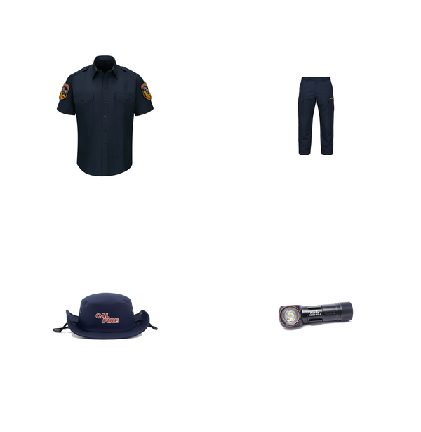 Wildland Hand Crew Kit — CAL FIRE Nomex short sleeve shirt, Nomex tactical pants, FR extrication gloves, Fenix headlamp, and CAL FIRE boonie hat.