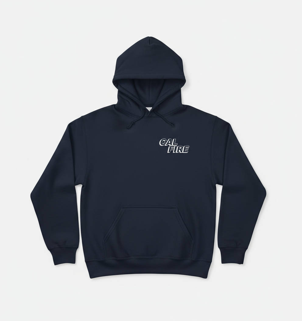 Cal Fire pullover hoodie flat lay product photo showing front design and ribbed details
