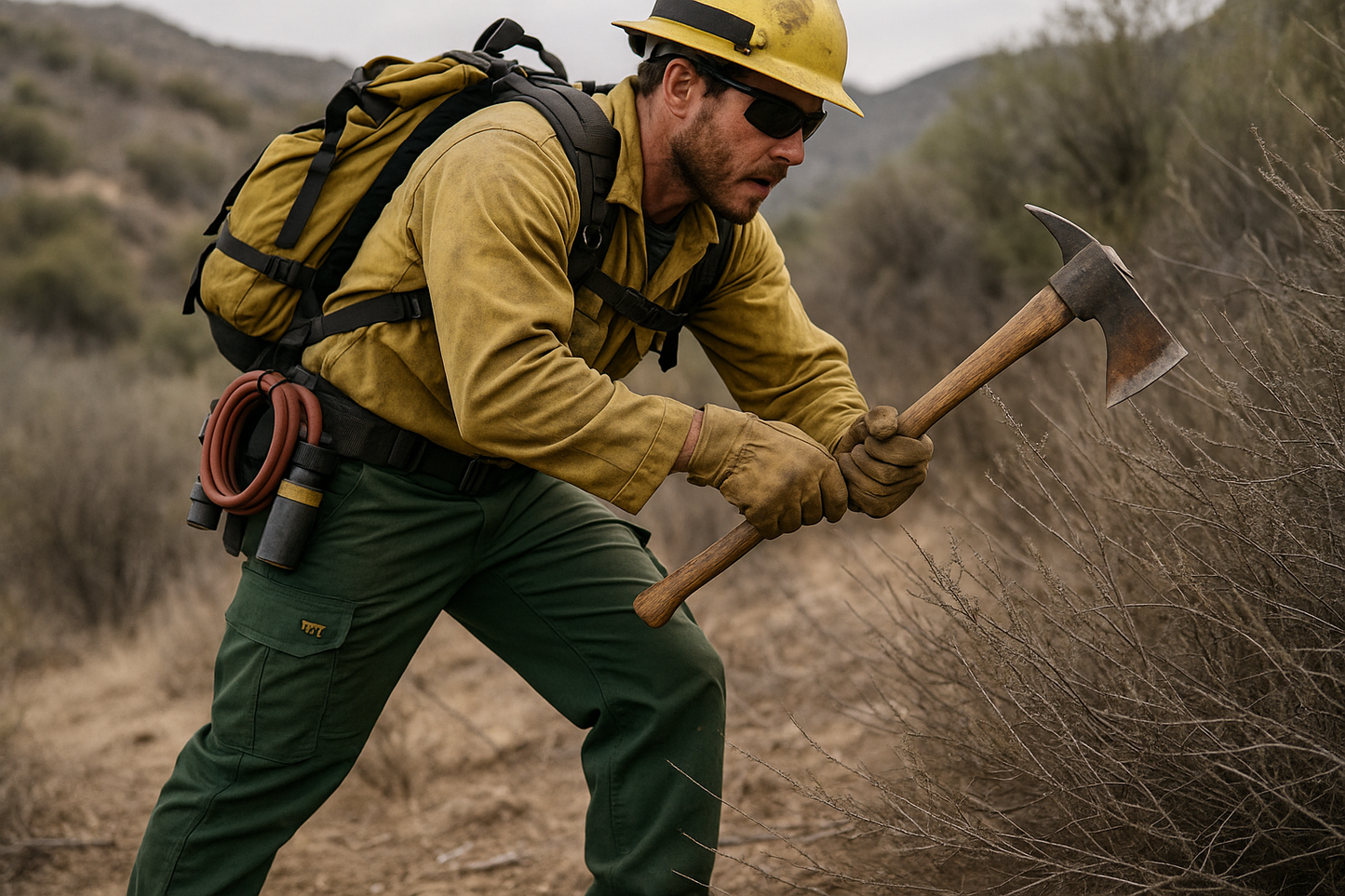 Hotshot crew firefighter wearing VFT Nomex brush pants with equipment