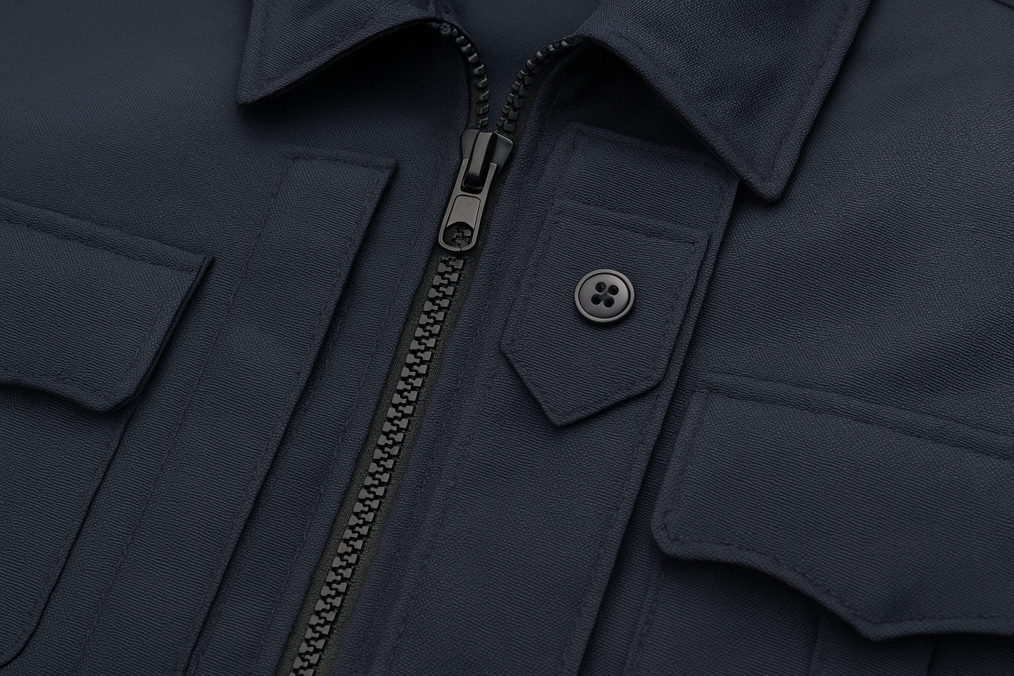 Close-up detail of Flying Cross 2-in-1 Duty Jacket in midnight navy showing zipper closure, badge tab area, and weather-resistant fabric texture
