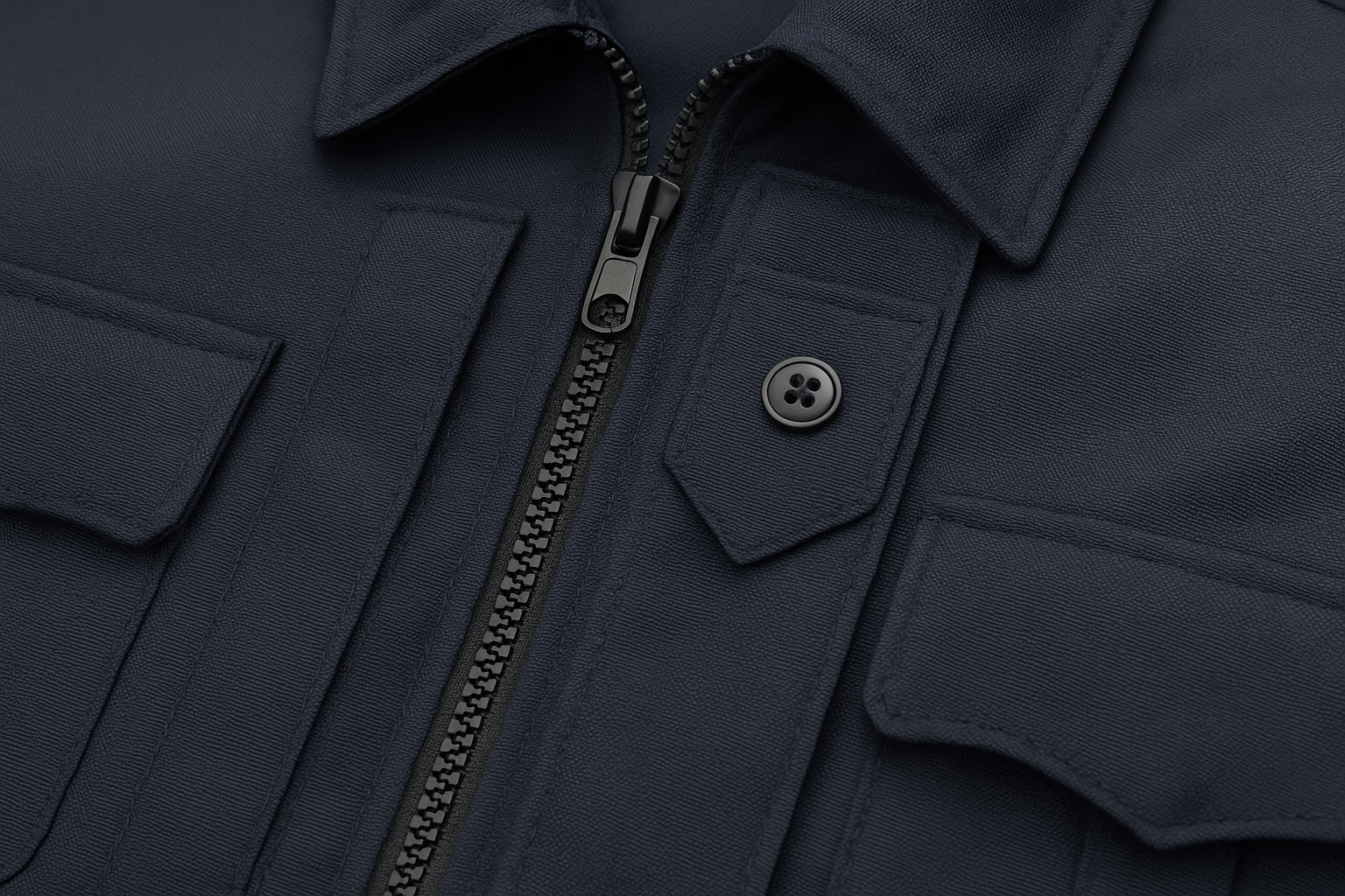 Close-up detail of Flying Cross 2-in-1 Duty Jacket in midnight navy showing zipper closure, badge tab area, and weather-resistant fabric texture