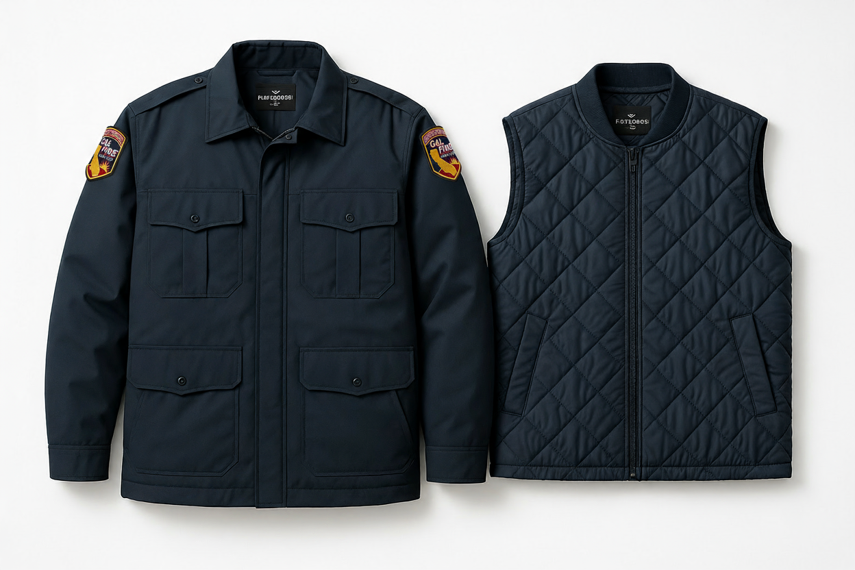CAL FIRE Flying Cross 2-in-1 Duty Jacket with official shoulder patches showing removable insulated liner and versatile 3-in-1 all-season system