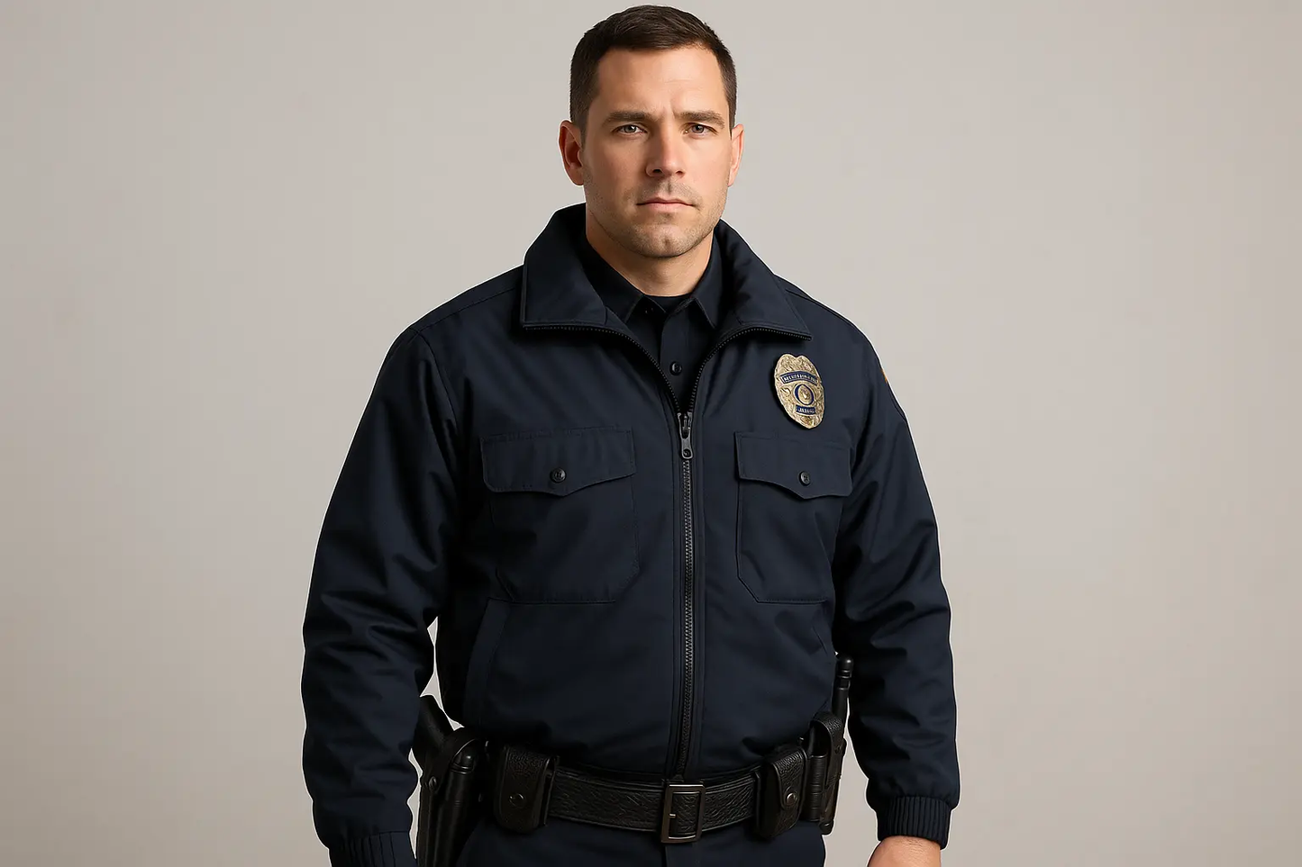 Police officer wearing Flying Cross 2-in-1 Duty Jacket in midnight navy with badge and duty gear showing professional fit and all-season weather protection