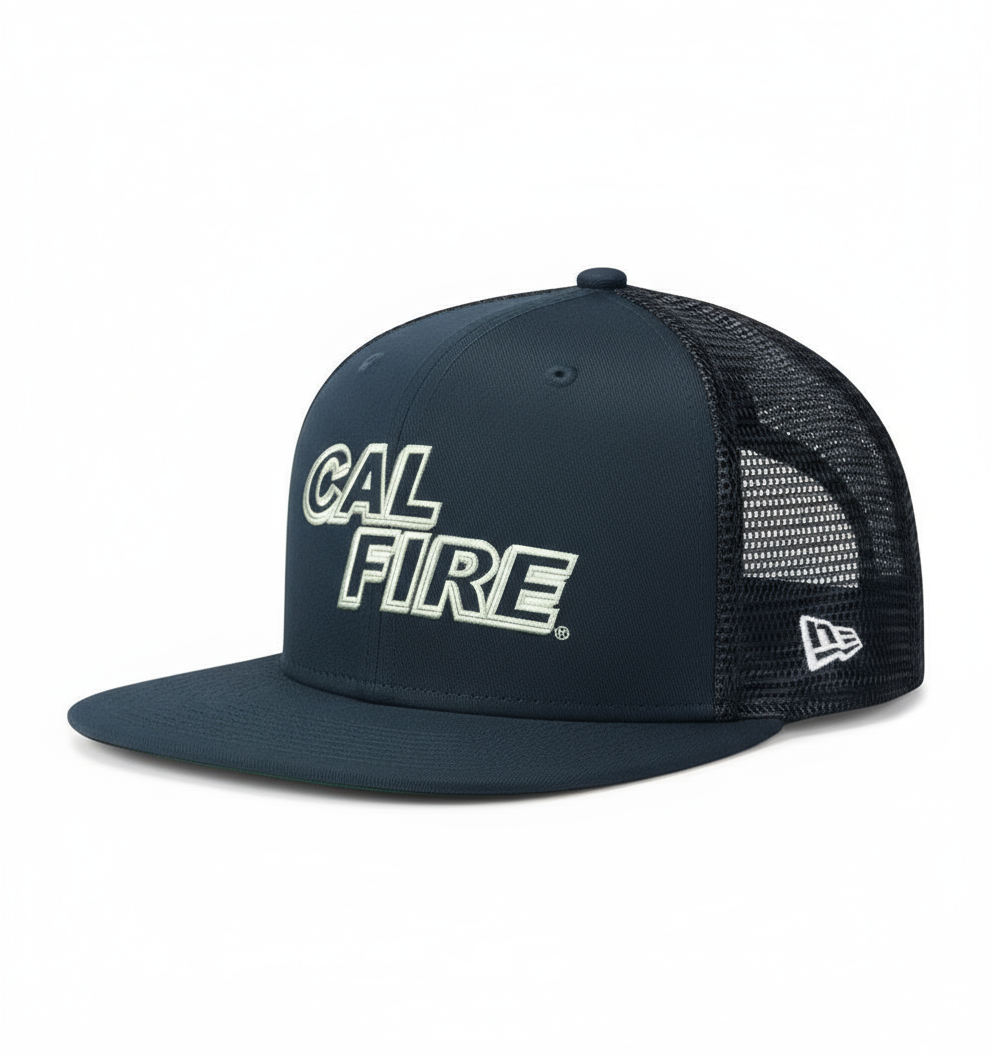 New Era 403 Snapback Hat in midnight navy with white CAL FIRE text - side angle view displaying flat bill and structured 6-panel design