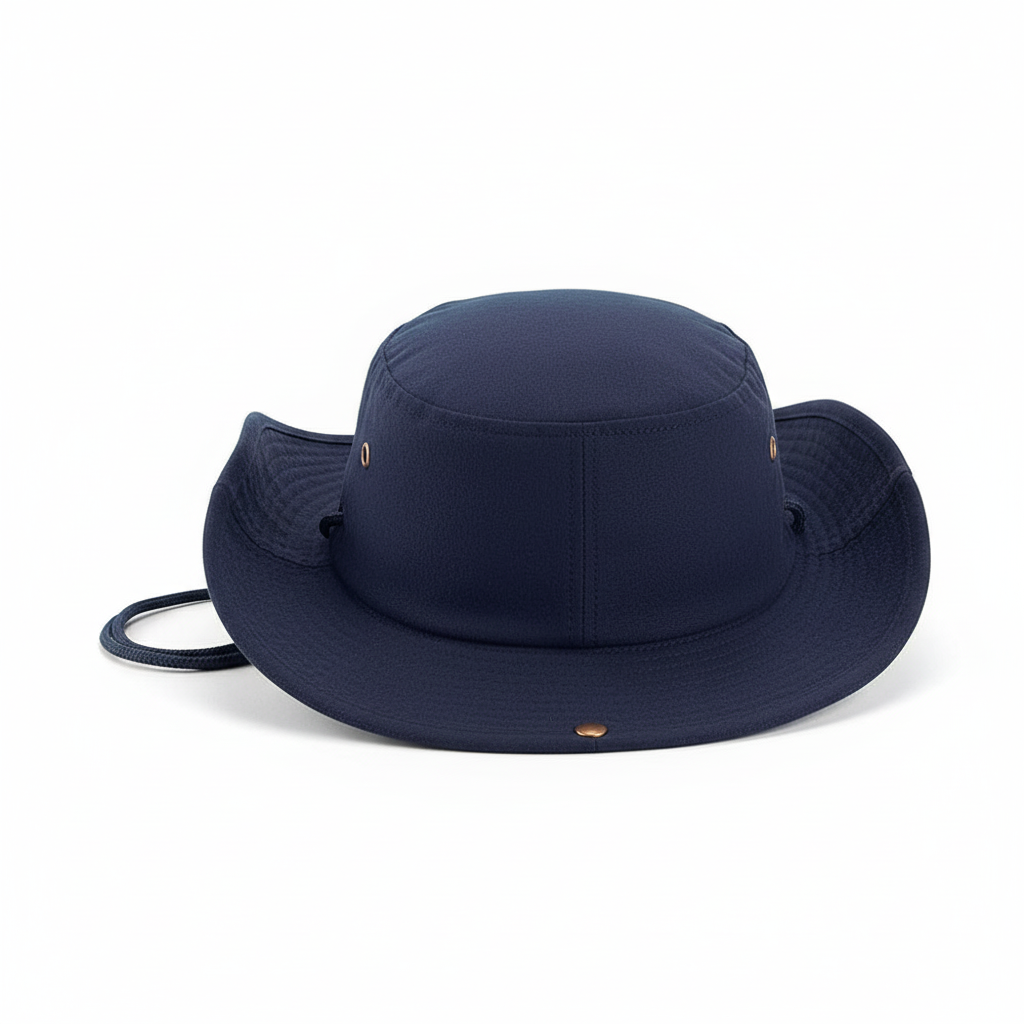 Tactical boonie hat in midnight navy with white CAL FIRE text - back view showing wide circular brim and adjustable chin strap