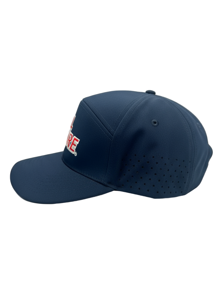 7 Panel Dome Athletic Hat in midnight navy with red CAL FIRE text - side angle view displaying dome shape and athletic construction
