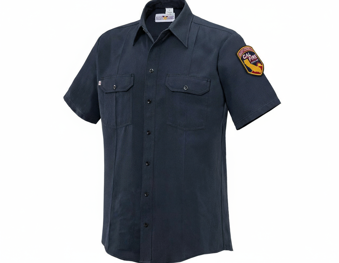 CAL FIRE Flying Cross Nomex IIIA short sleeve shirt side view with official shoulder patch flame resistant wildland firefighter uniform midnight navy