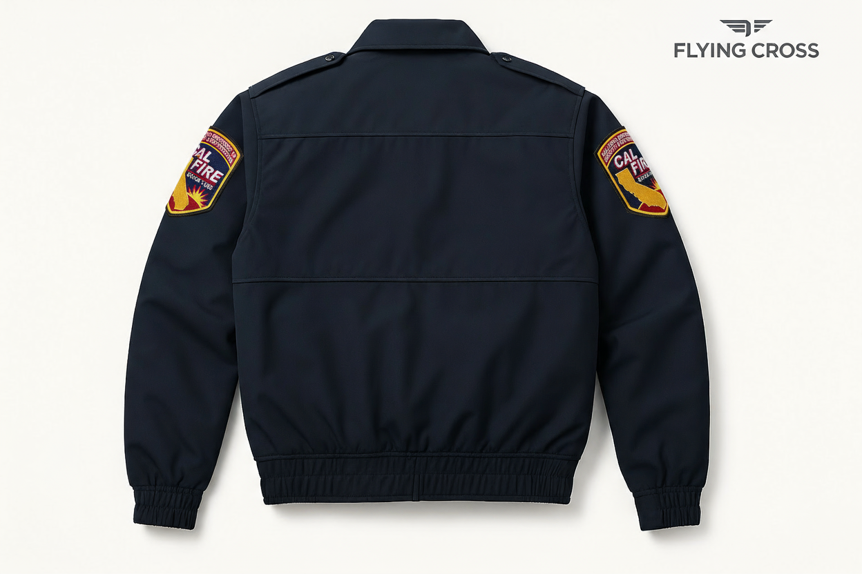CAL FIRE Flying Cross 2-in-1 Duty Jacket back view with official California Department of Forestry shoulder patches on both shoulders