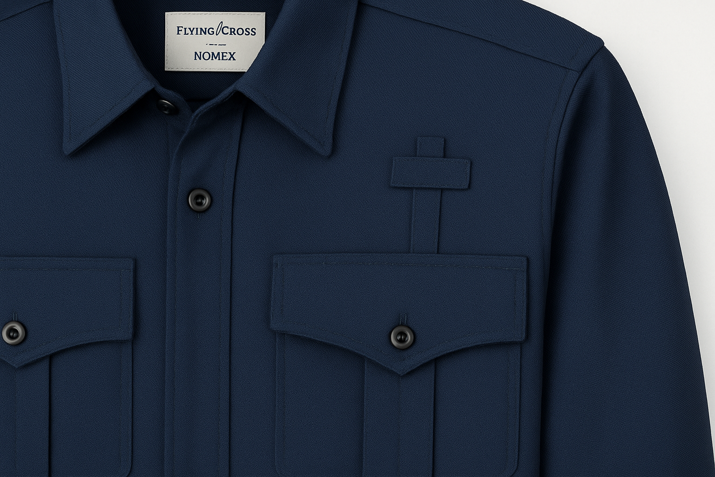 Close-up detail of Flying Cross Nomex Long Sleeve Shirt in midnight navy showing chest pocket with pointed flap, pencil opening, badge tab, and fire-resistant Nomex Aramid fabric texture