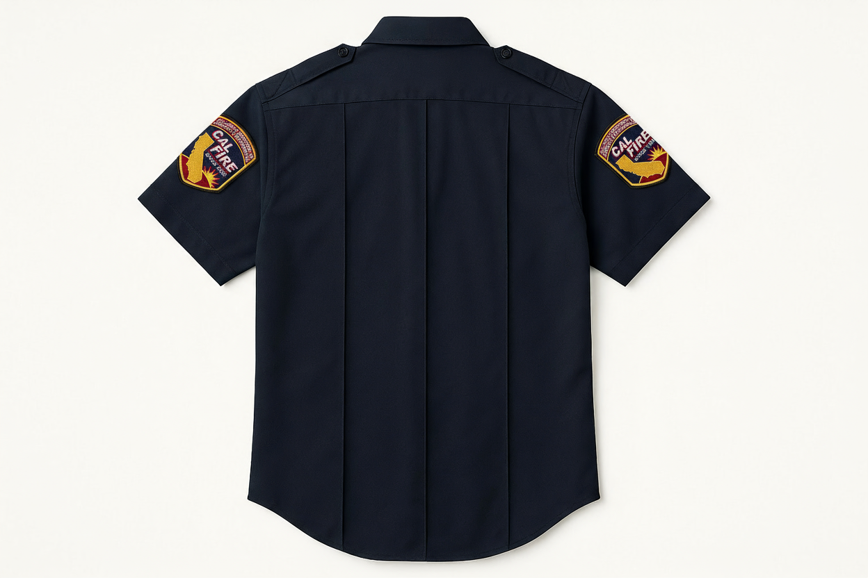CAL FIRE Flying Cross Nomex shirt back view with official California Department of Forestry shoulder patches military creases flame resistant wildland uniform