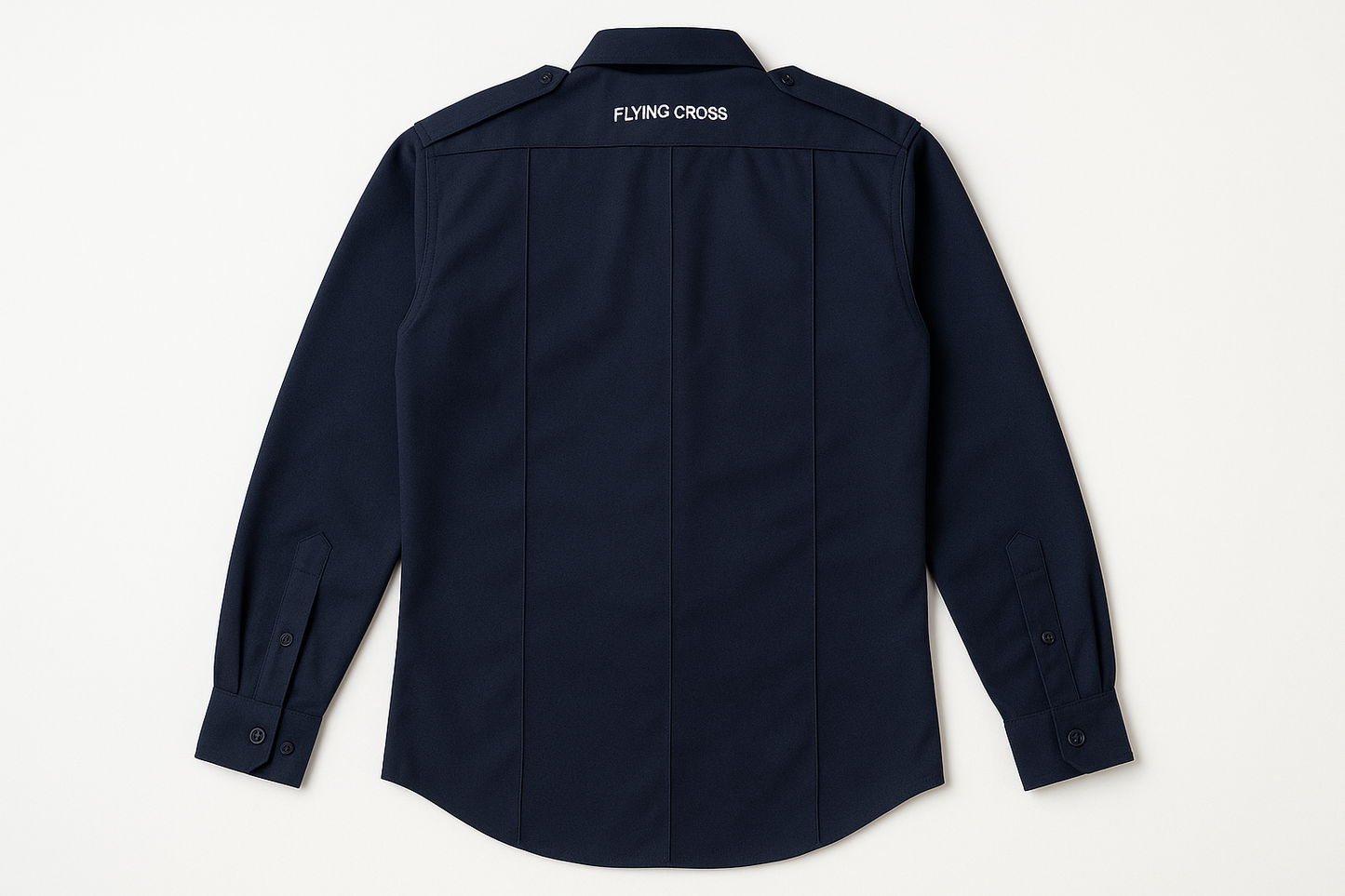 Flying Cross Nomex Long Sleeve Shirt in midnight navy back view showing cross-stitched shoulder straps, five sewn-in military creases, and full sleeve construction