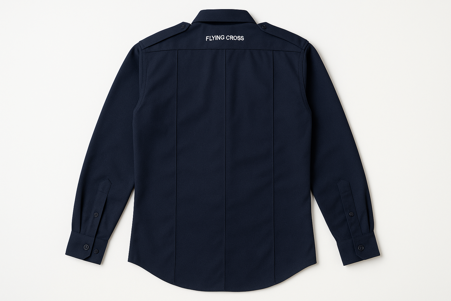 Flying Cross Nomex Long Sleeve Shirt in midnight navy back view showing cross-stitched shoulder straps, five sewn-in military creases, and full sleeve construction