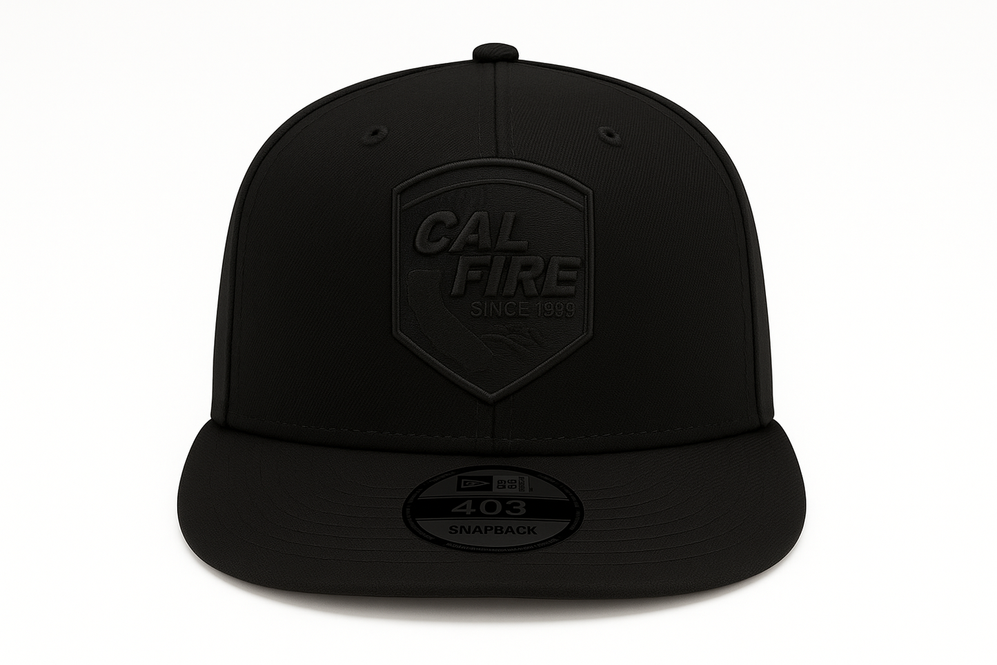 New Era 403 Snapback Hat in solid black with blacked-out CAL FIRE shield logo patch - front view showing flat bill design and structured 6-panel construction with tonal embroidery