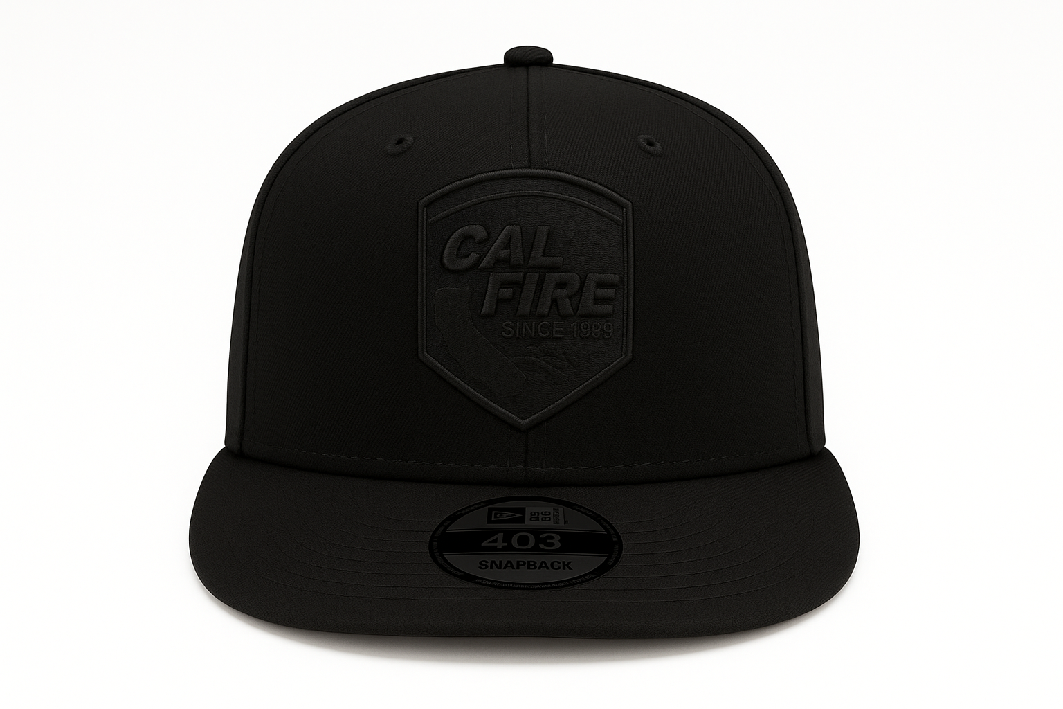 New Era 403 Snapback Hat in solid black with blacked-out CAL FIRE shield logo patch - front view showing flat bill design and structured 6-panel construction with tonal embroidery