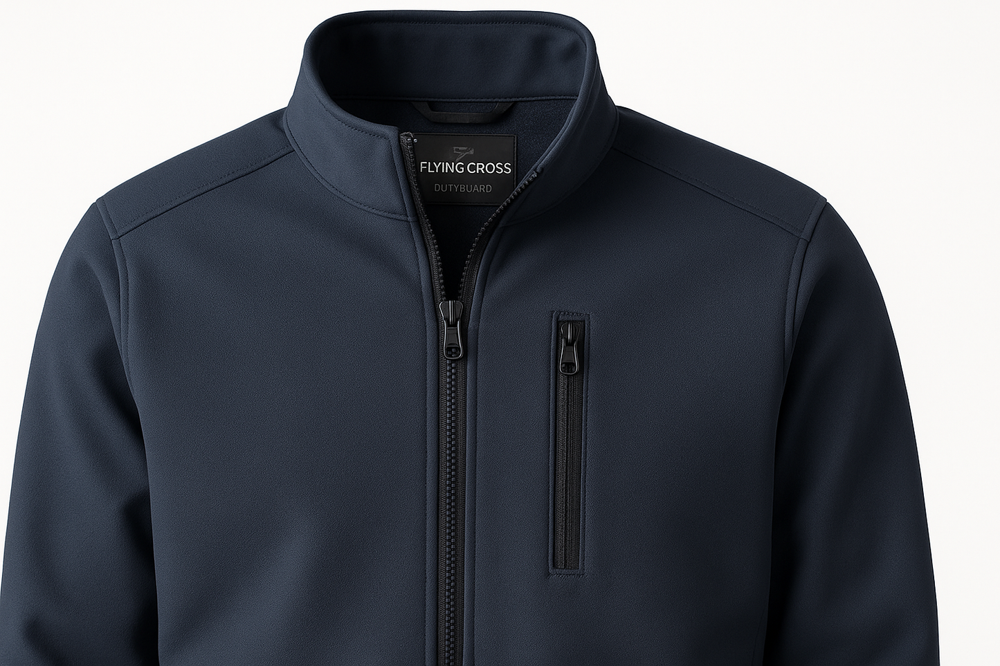 Close-up detail of Flying Cross DutyGuard Softshell Jacket in midnight navy showing full-zip closure, chest pocket, and weather-resistant breathable softshell fabric texture