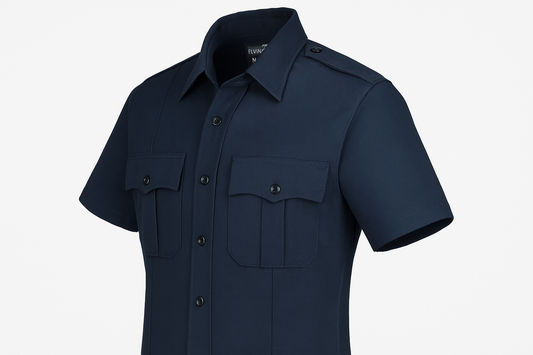 Flying Cross Nomex Short Sleeve Shirt in midnight navy side angle view displaying professional tailoring and fire-resistant Aramid fiber fabric construction