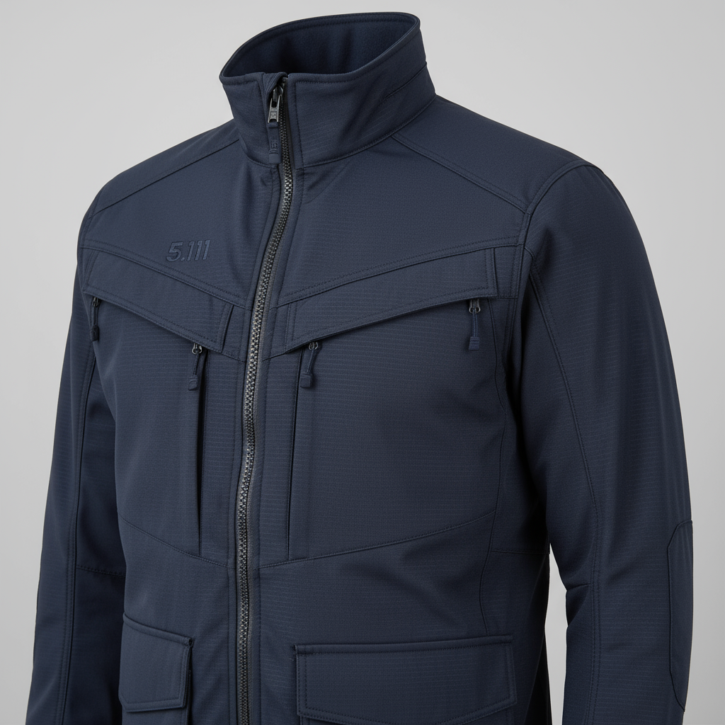 Close-up detail of 5.11 Chameleon 2.0 Jacket navy blue showing premium seam-sealed construction and quality materials