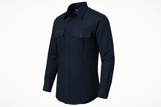 Flying Cross Nomex Long Sleeve Shirt in midnight navy side angle view displaying professional tailoring, full sleeve length, and fire-resistant Aramid fiber fabric construction