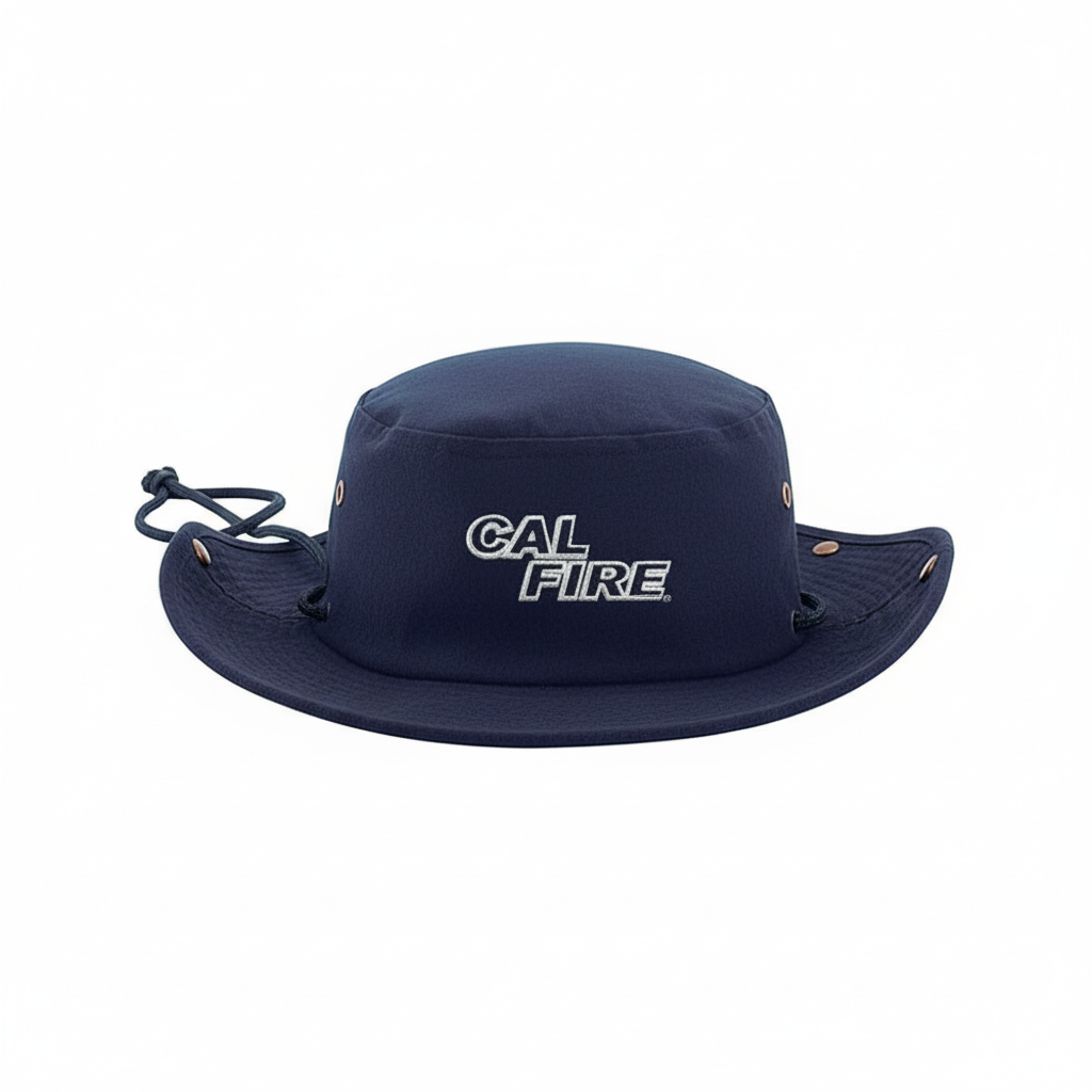 Tactical boonie hat in midnight navy with white CAL FIRE text embroidery - front view showing wide circular brim with ventilation eyelets and adjustable chin strap