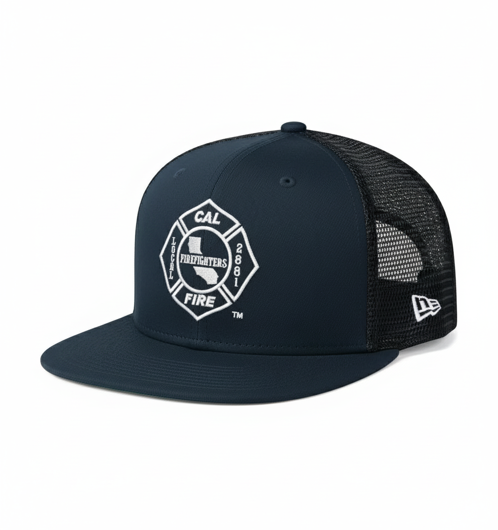 New Era 403 Snapback Hat in midnight navy with CAL FIRE union logo - side angle view displaying flat bill and structured 6-panel design