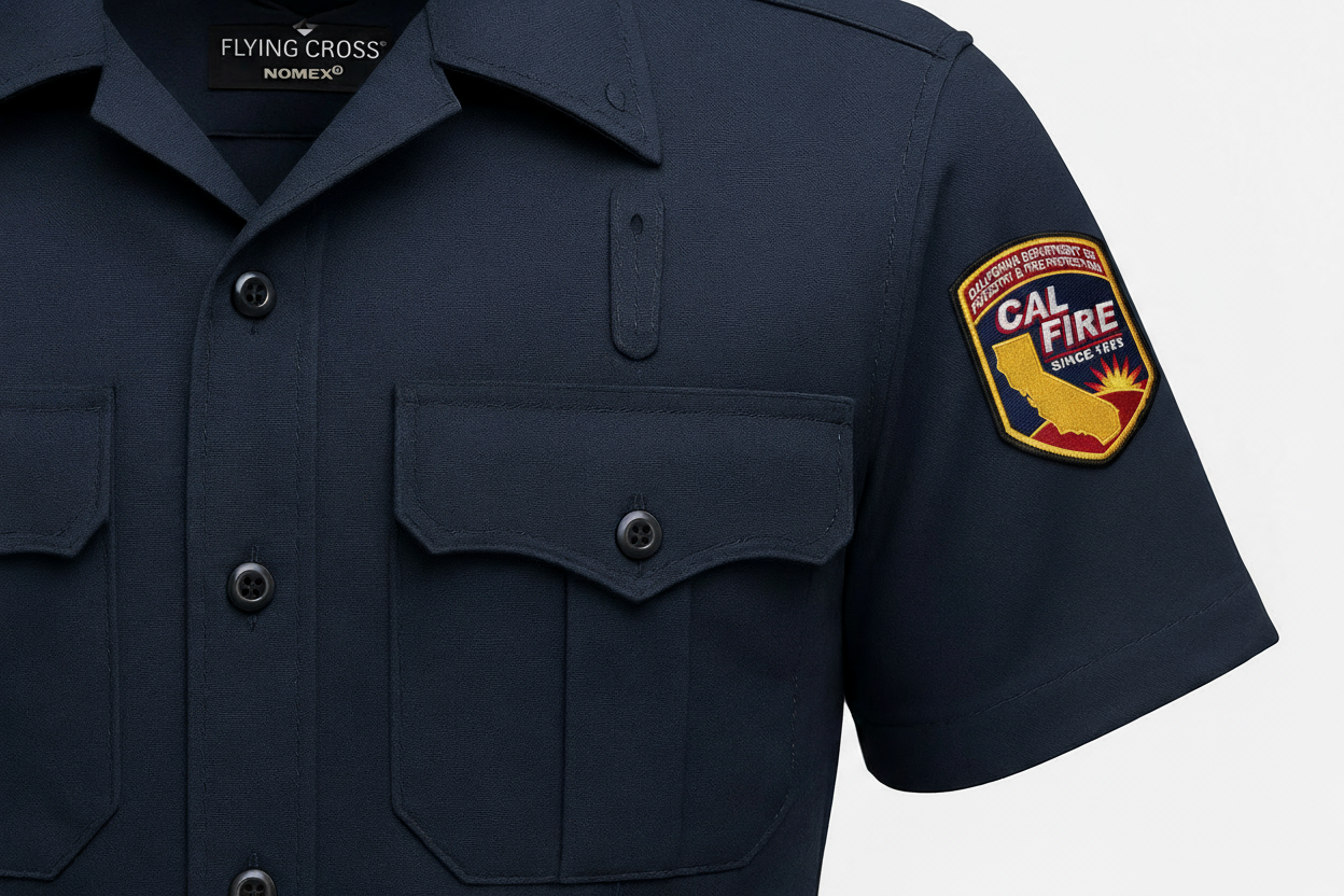 Close-up CAL FIRE Flying Cross Nomex shirt with official shoulder patch chest pocket detail flame resistant fabric wildland firefighting uniform