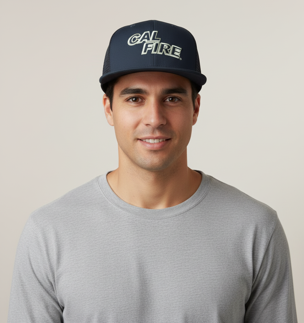 Person wearing New Era 403 Snapback Hat in midnight navy with white CAL FIRE text showing comfortable fit and flat bill style