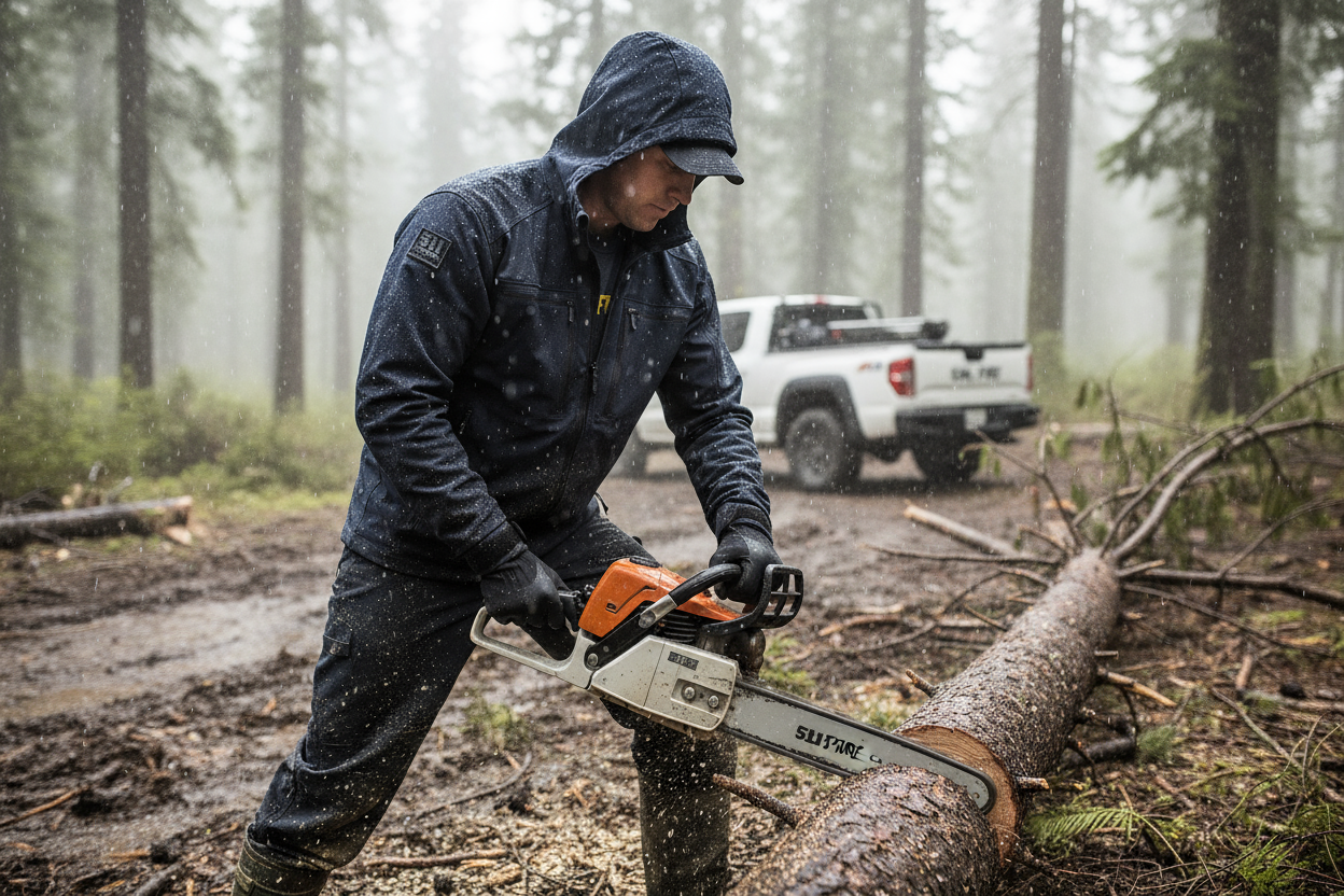 5.11 Chameleon 2.0 Jacket navy blue in action during CAL FIRE field operations showing weather protection and durability