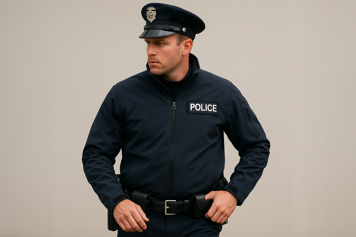 Police officer wearing Flying Cross DutyGuard Softshell Jacket in midnight navy during patrol showing superior mobility, professional fit, and weather-resistant protection