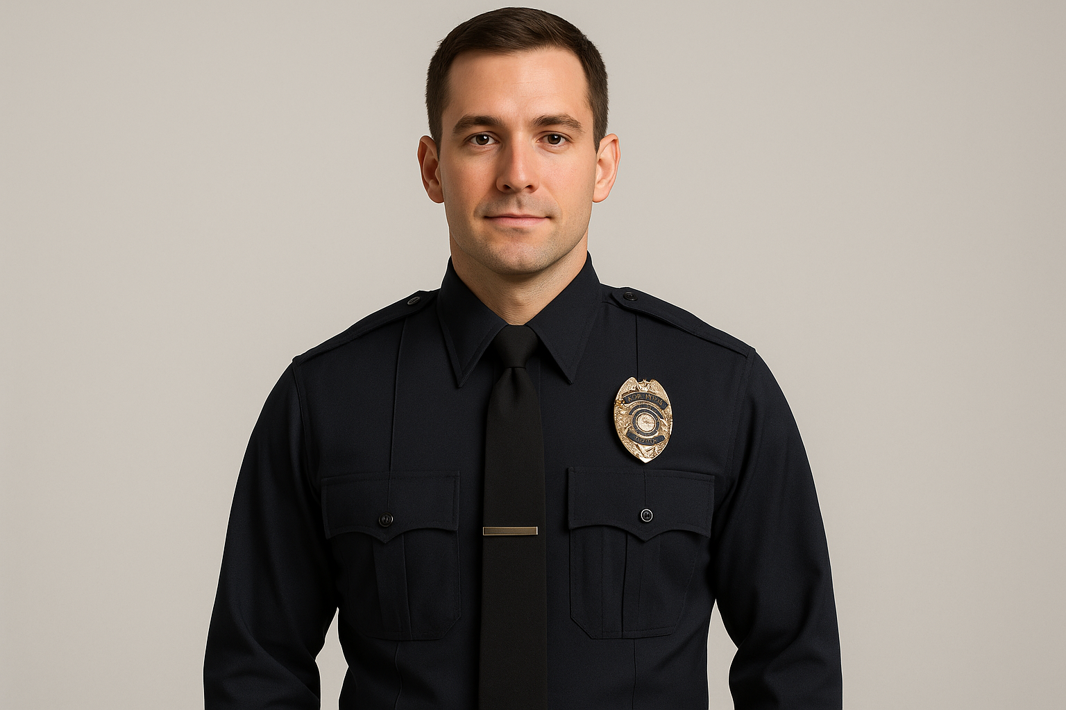 Police officer wearing Flying Cross Long Sleeve Wool Shirt in midnight navy with badge and tie showing professional fit and dress uniform appearance