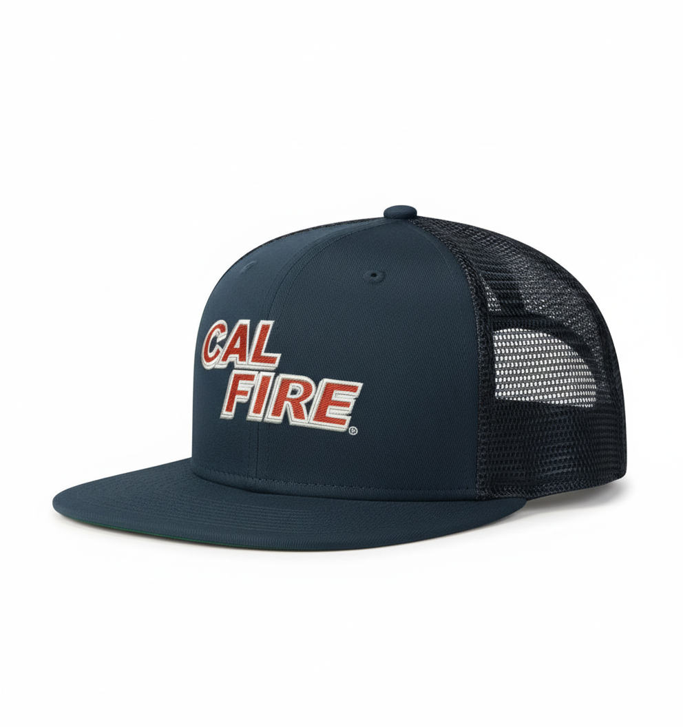 New Era 403 Snapback Hat in midnight navy with red CAL FIRE text - side angle view displaying flat bill and structured 6-panel design