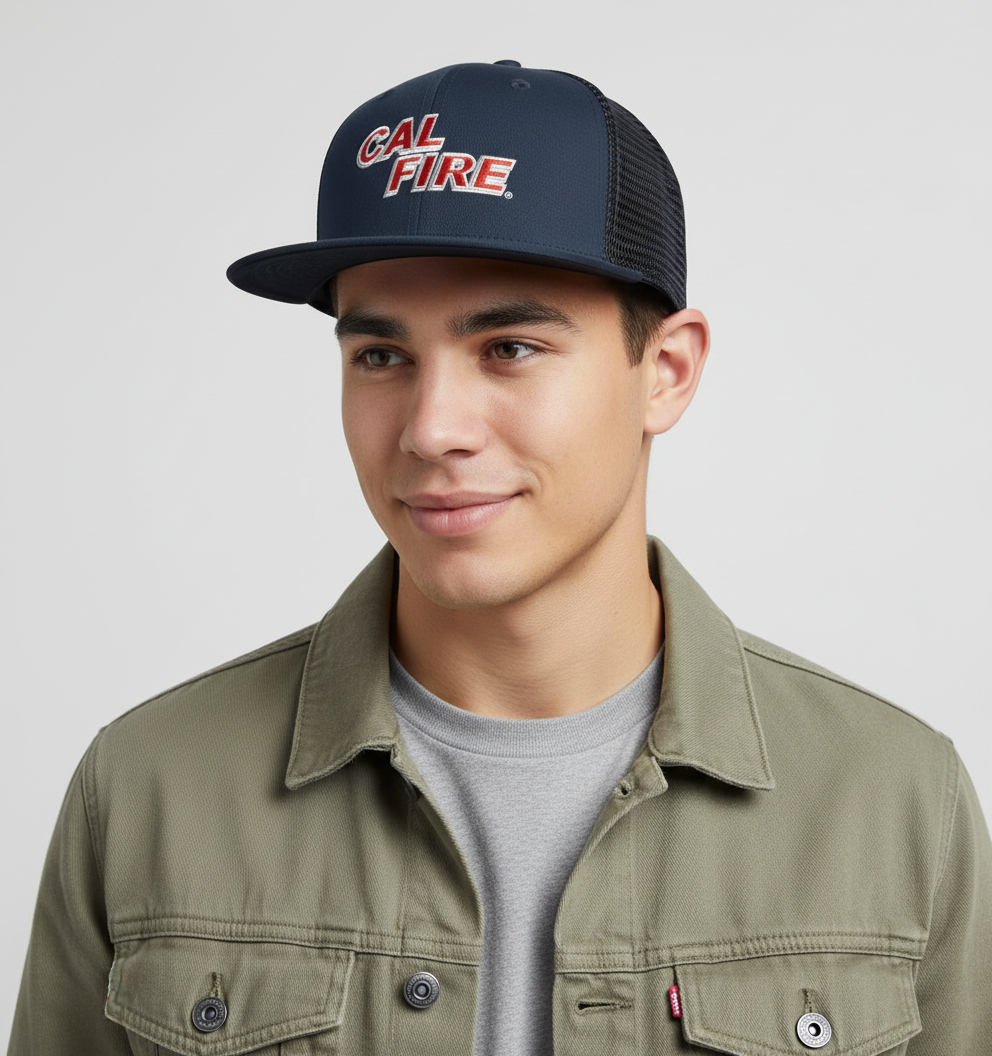 Person wearing New Era 403 Snapback Hat in midnight navy with red CAL FIRE text showing comfortable fit and flat bill style