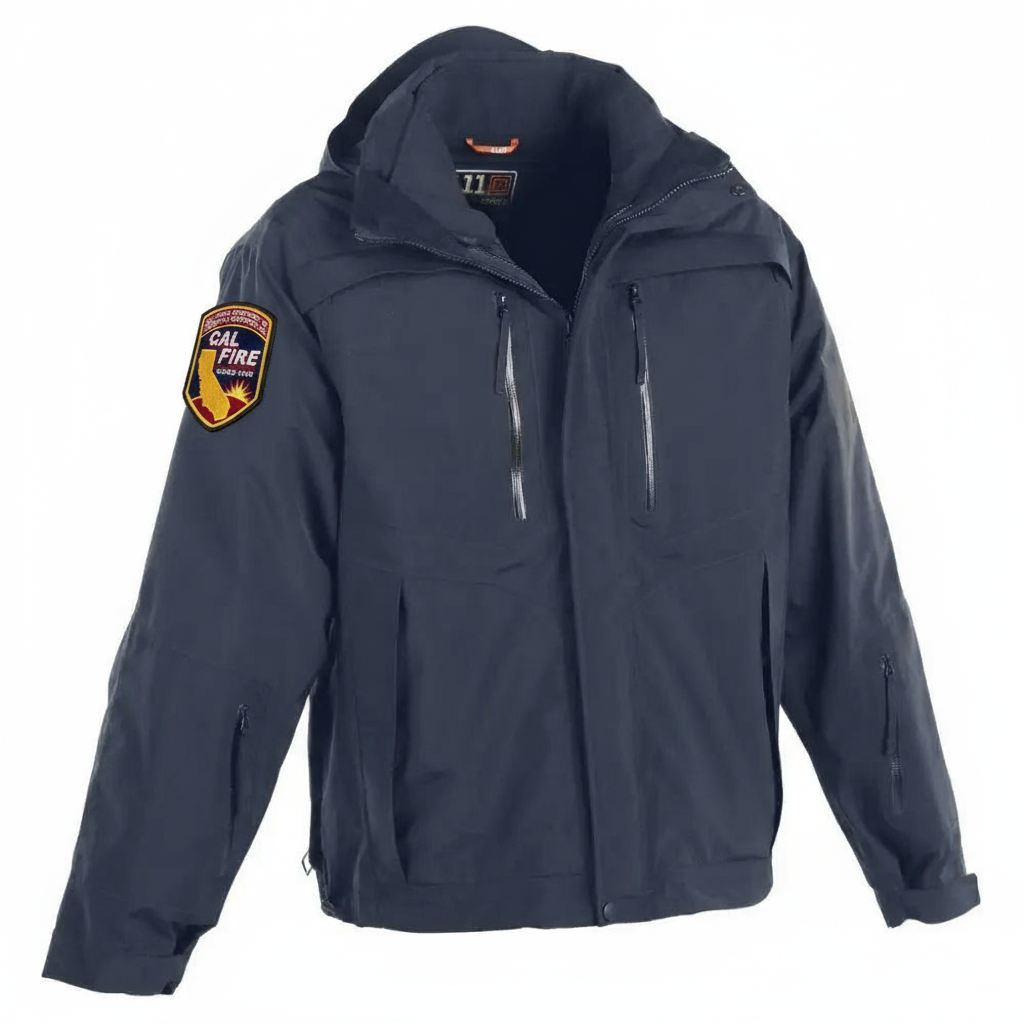CAL FIRE 5.11 Valiant Jacket navy blue waterproof tactical duty jacket with official California Department of Forestry shoulder patches